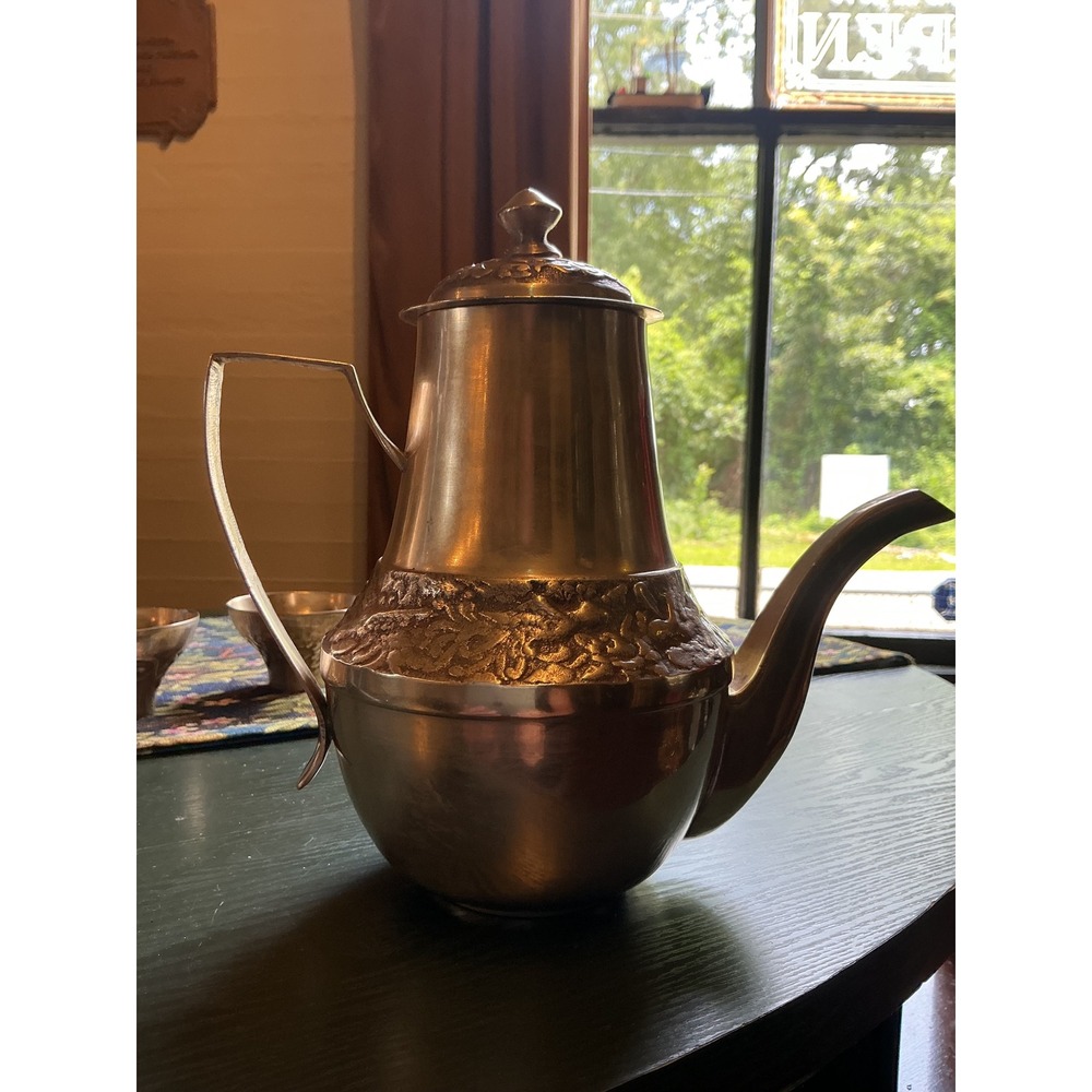 Vintage Brass Tea Coffee Pot Set with 2 Leaf Handle Cups Embossed Floral Pattern - Picture 3 of 16